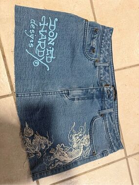 Ed Hardy Blue Denim Mini Skirt with Light Blue Logo and White Dragon Embroidery